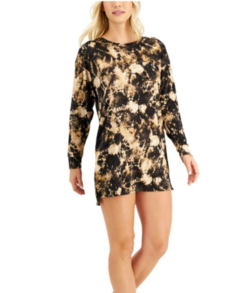 JENNI WOMENS MEDIUM LONG SLEEVE SUPER SOFT SLEEP SHIRT TIEDYE PRINT BLACK TAN
